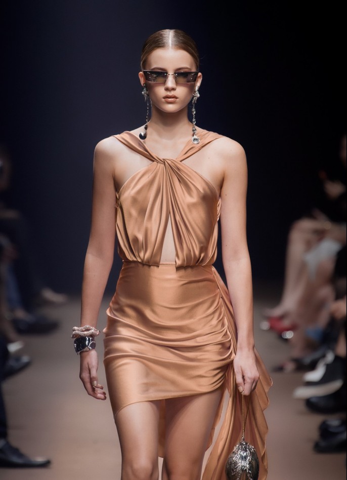 PRE-ORDER : DRAPED SILK SATIN BACKLESS DRESS - CARAMEL